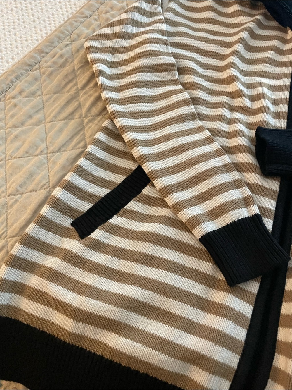 CAbi Striped Zip Cardigan in Beige, White & Black - Picture 2 of 4